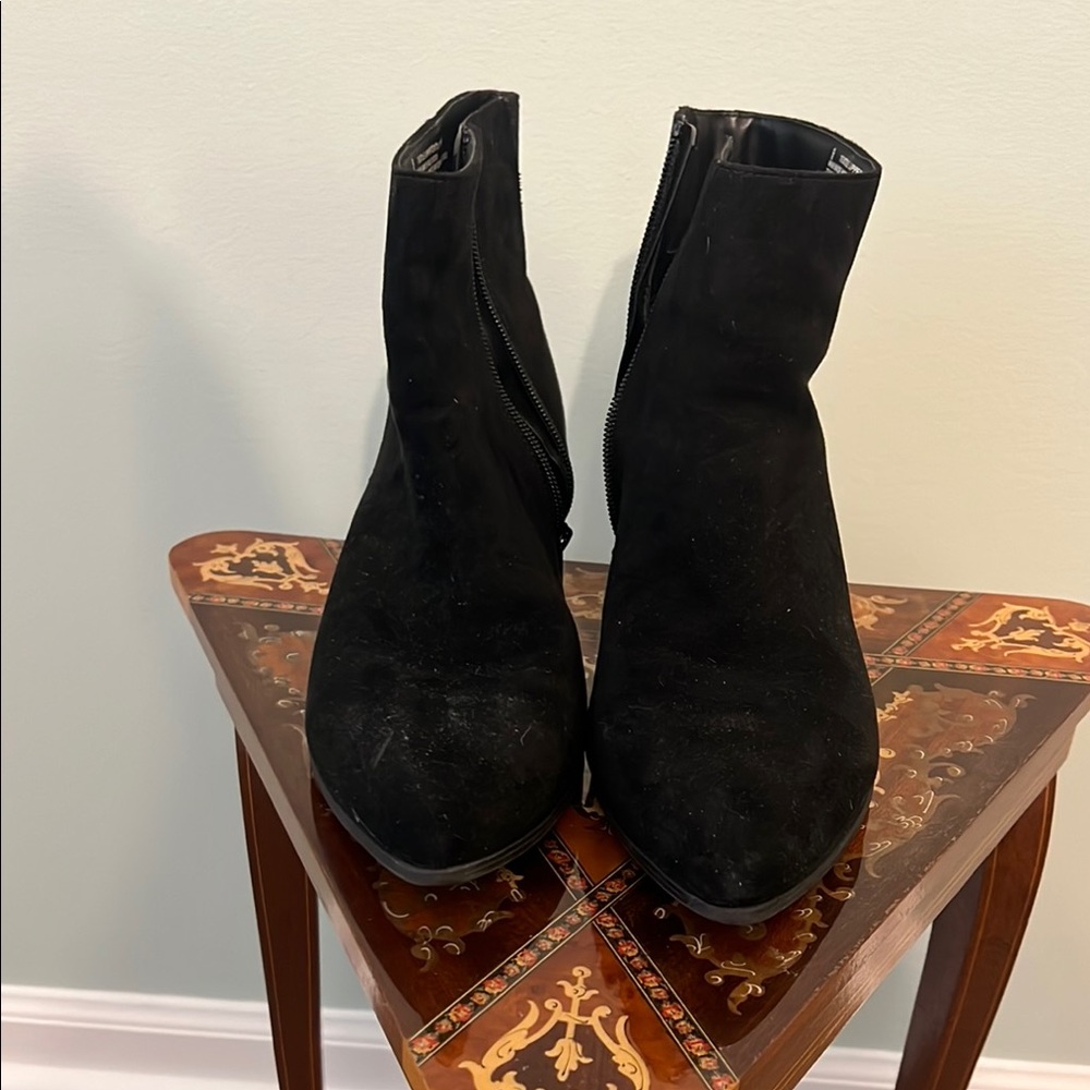 Black suede booties. Small heel. Size 9